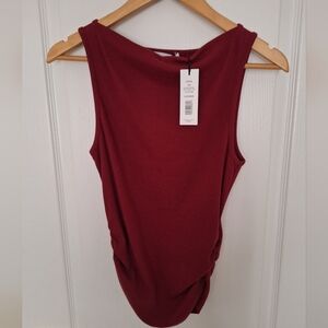 NWT MICHAEL STARS Coco Ruched Boat Neck Ultra Rib Carmine Stretch Tank XS